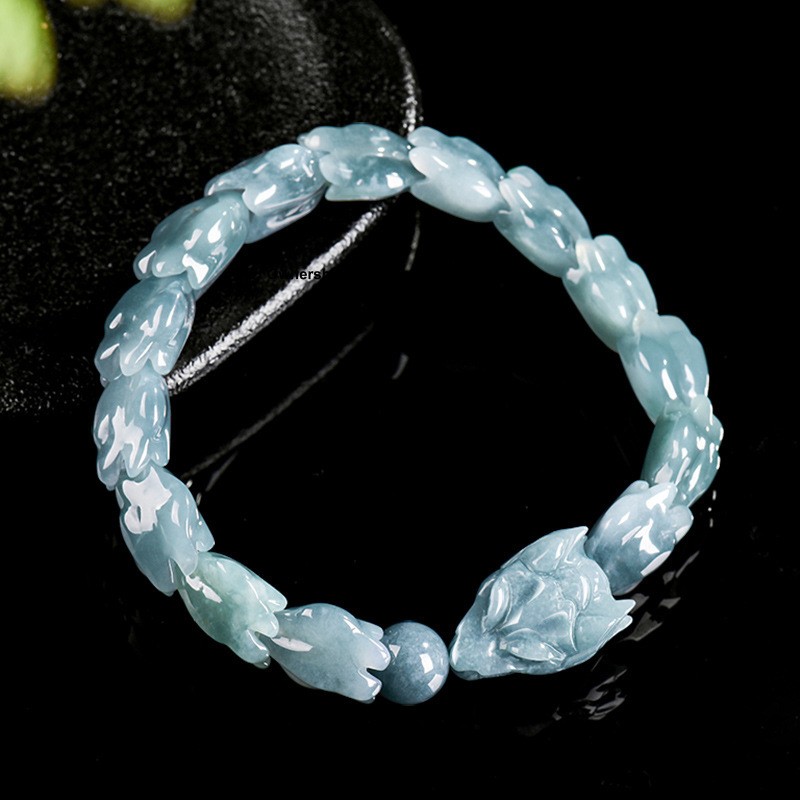 Natural Grade A Jadeite ICY Blue Jade Dragon Shape Bead Elastic Bracelet UNIQUE