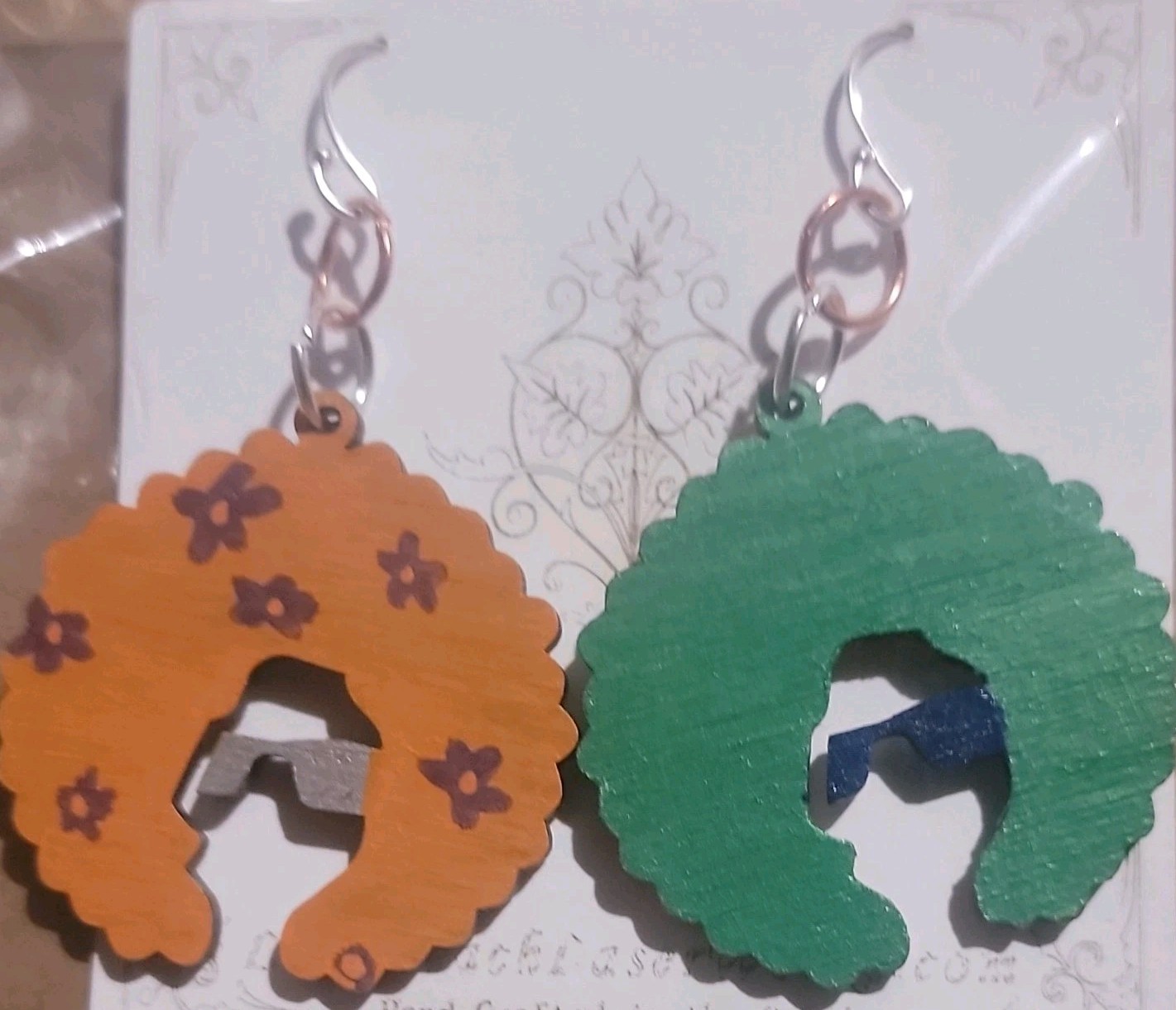 Multicolor Wooden Afro Silhouette Bohemian Dangle/Drop Hook Earrings, No Stone
