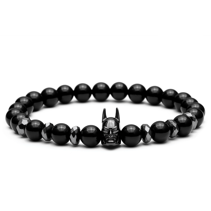 Charm Black Batman Bracelet Men 8mm Black Natural Onyx Round Male Bead Bracelets