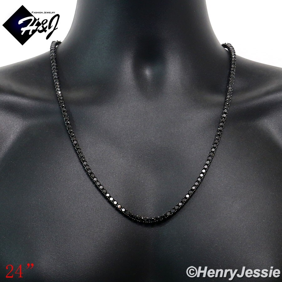 24″MEN 14K BLACK GOLD PLATED ICY BLING CZ 4MM 1 ROW TENNIS CHAIN NECKLACE*BBN2