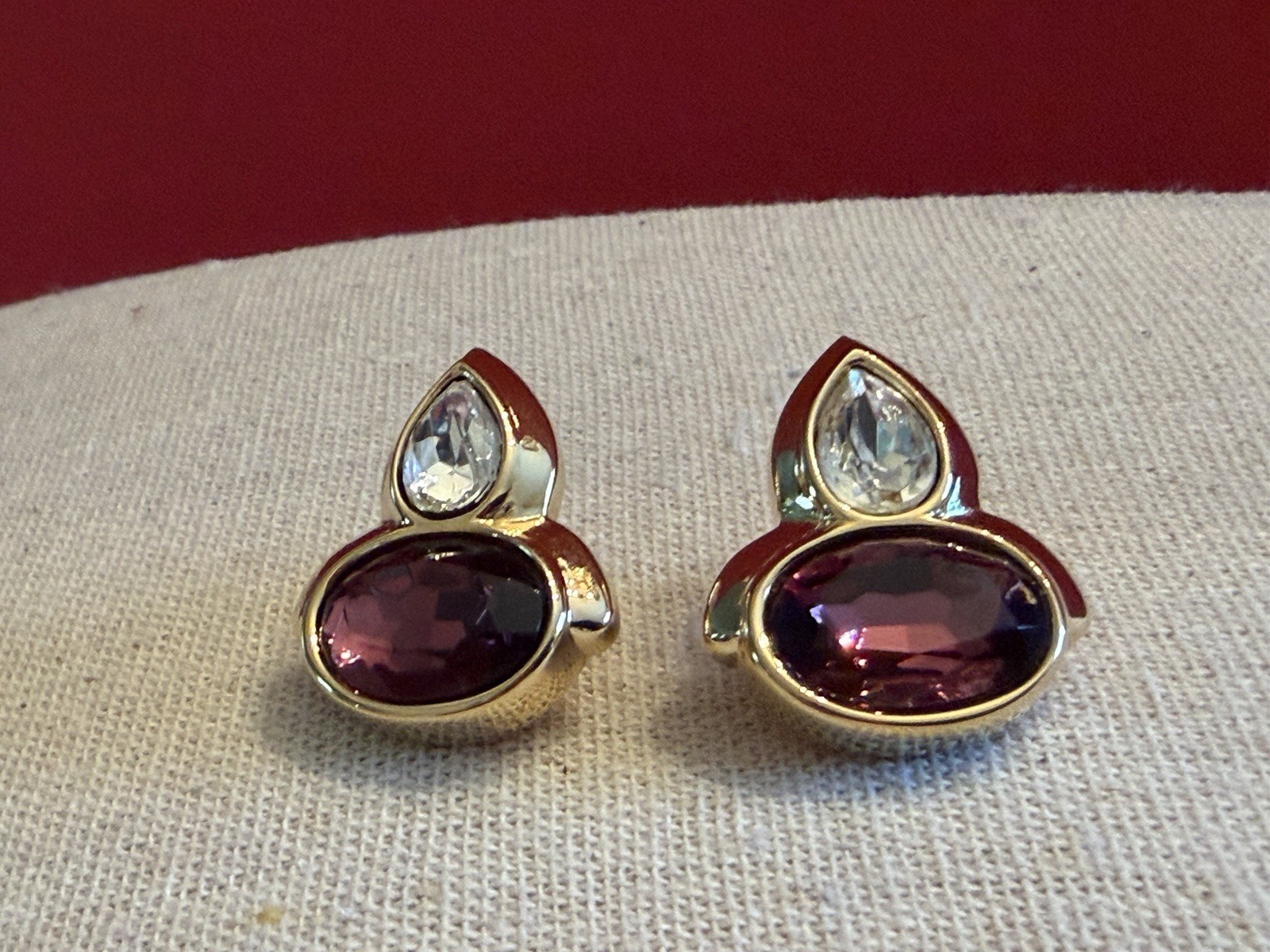 Monet Gold Tone Purple/ Clear Glass Teardrop Post Crystal Earrings BinR