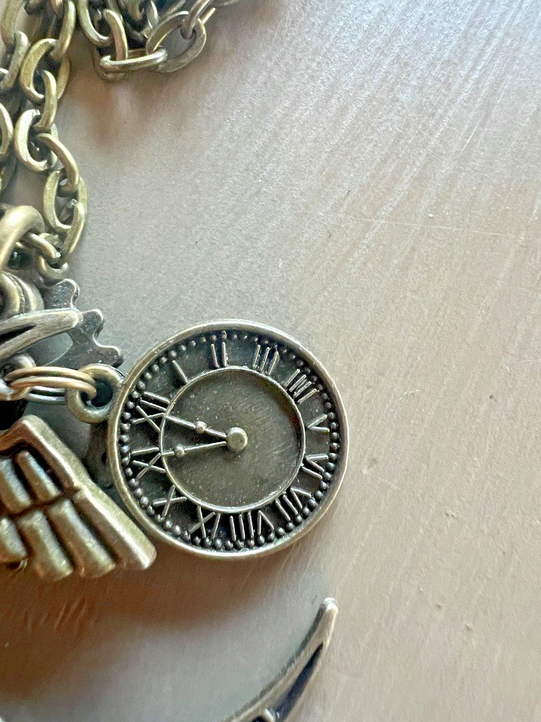 Whimsical Steampunk Charm Necklace Key Wing Clock Pendant Long