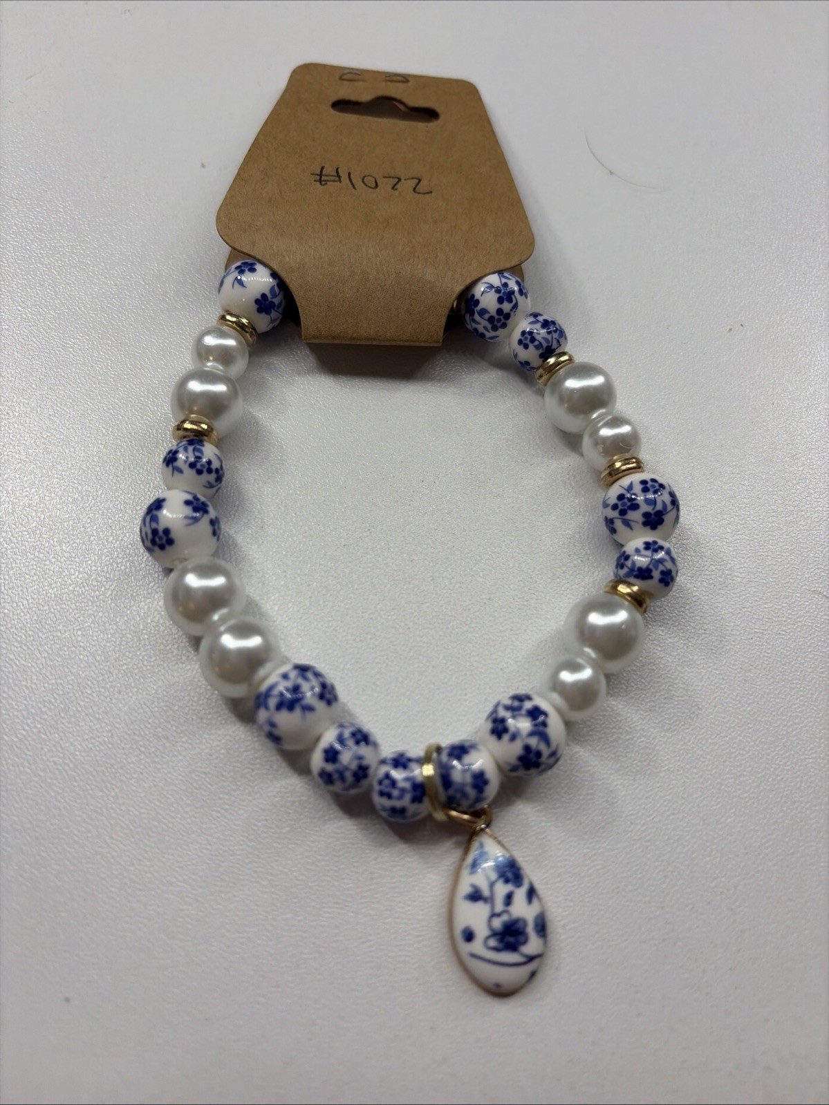 Blue China Themed Beaded Bracelets With Faux Pearls Stretchy