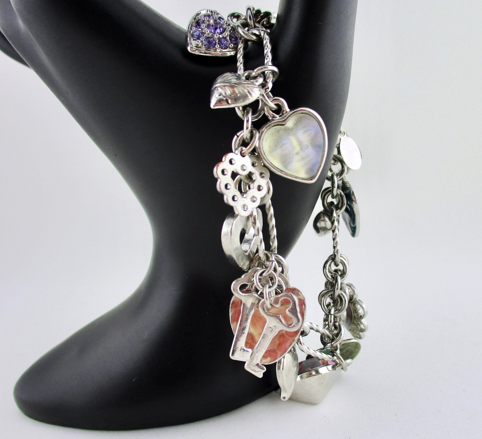 Kirks Folly Charm Bracelet Love Heart Moon Face Key Silver Plate 7” Long