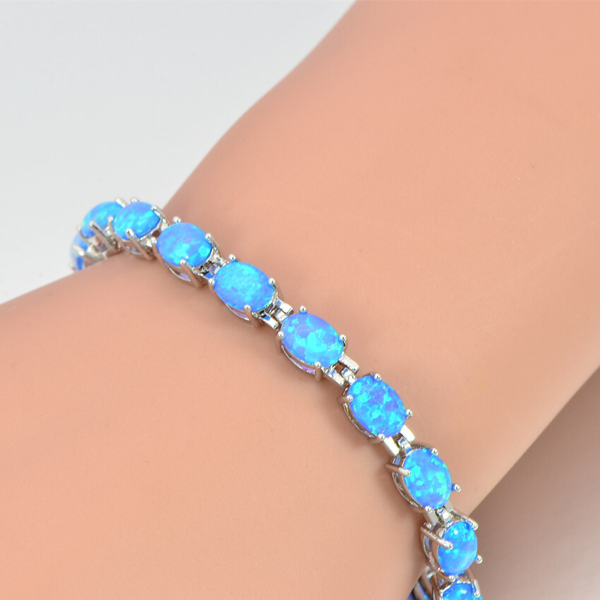 Vikoly Blue/White/Orange/Pink Oval 925 Sterling Sliver Fire Opal Bracelet 18cm