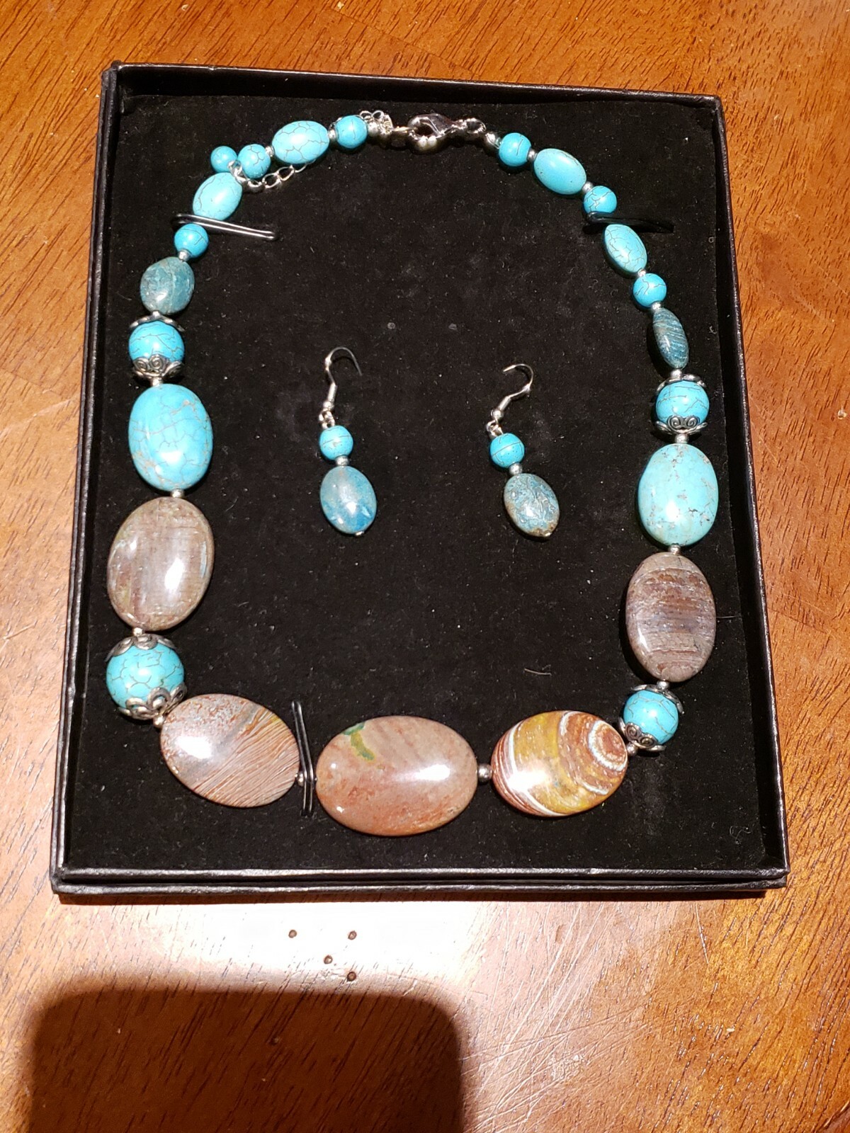 Turquoise and other Beaded Necklace and Earing Set in Box