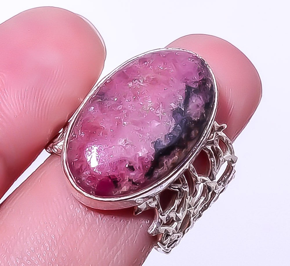 Black Manganese In Rhodonite 925 Sterling Silver Bali Ring Adjustable A351
