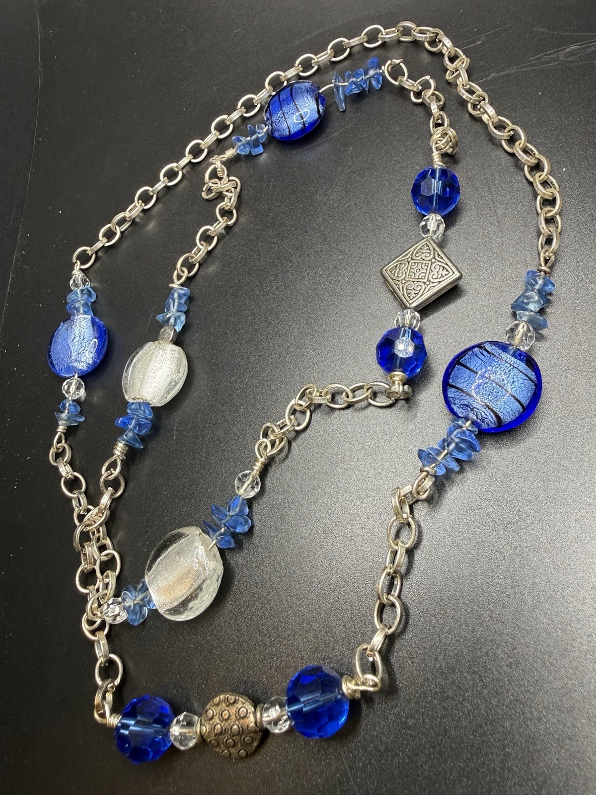 Brighton Bracelet Artisan Blue Art Glass Station Necklace Silver Tone