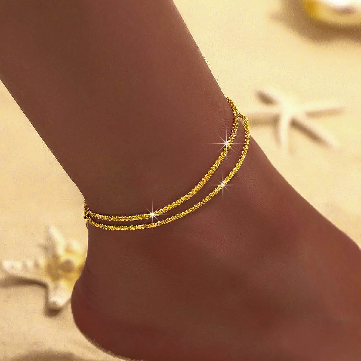 LATS Shiny Sparkling Simple Anklet for Women Gold Silver Color Elegant Jewelry F