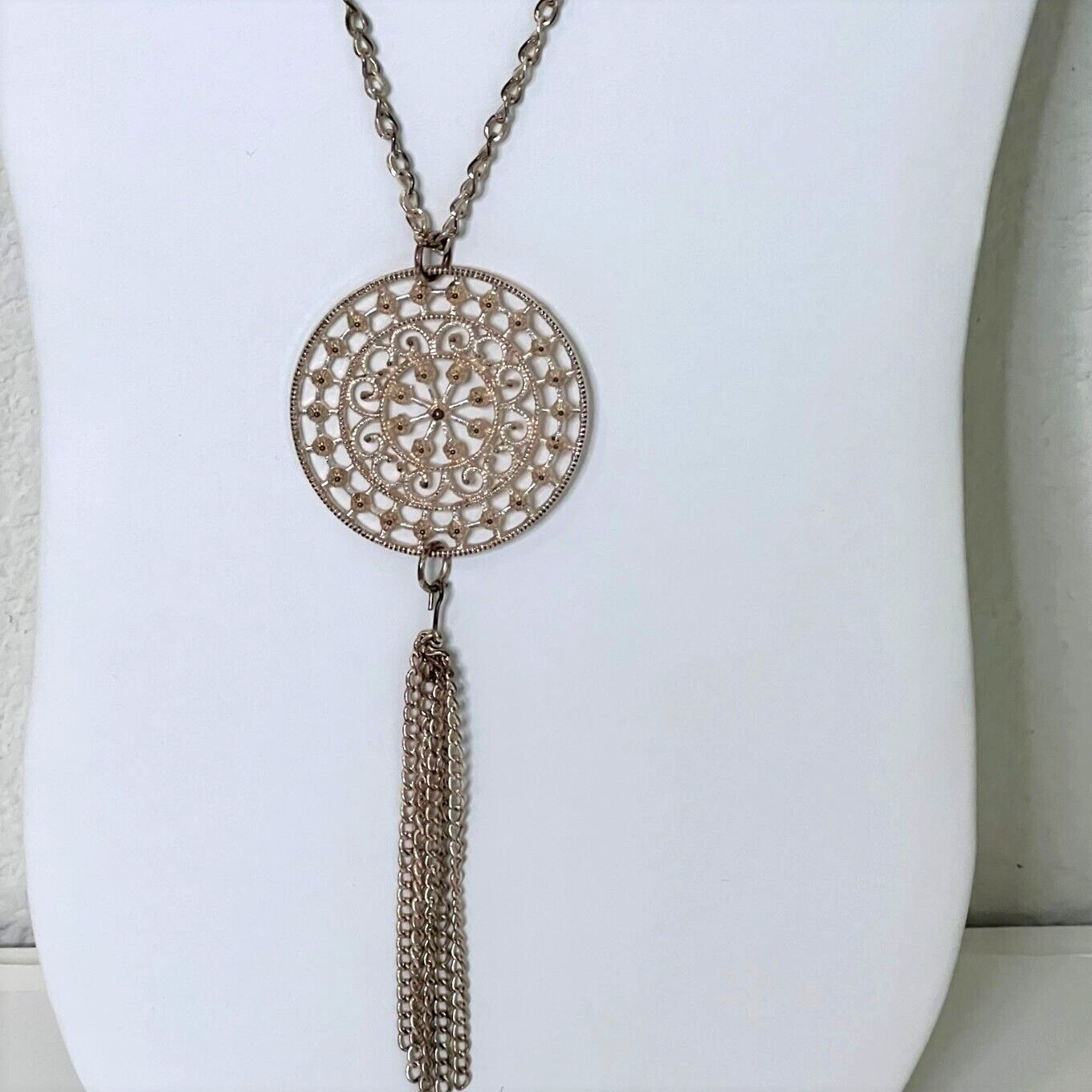 Gold Tone Filigree Medallion Tassel Necklace 32″ Long Boho Statement Pendant