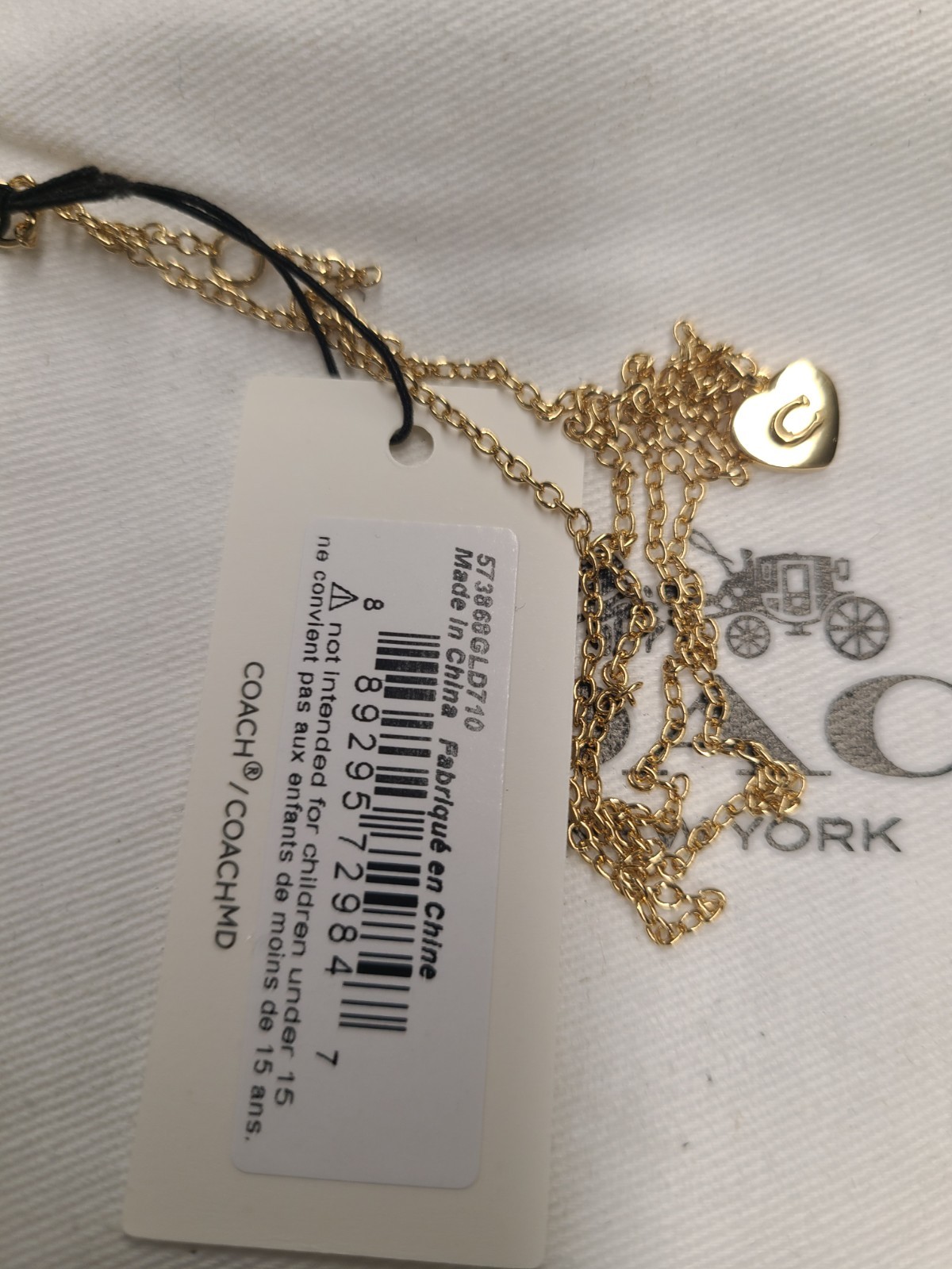 Coach Heart Shaped Pendant Necklace C Logo Gold Tone Chain 18″ Signature NEW
