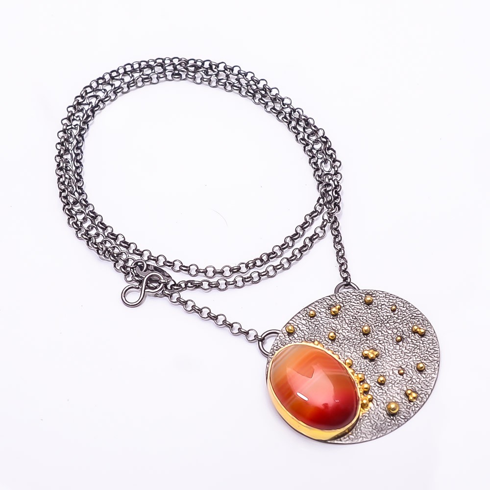 Banded Carnelian Black And Gemstone Gold Rhodium 925 Silver Necklace 19.99″ N35