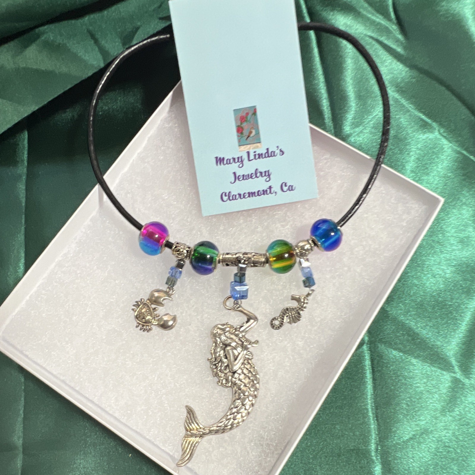 Necklace, black, leather crystals, green pink, blue sterling mermaid crab sea.