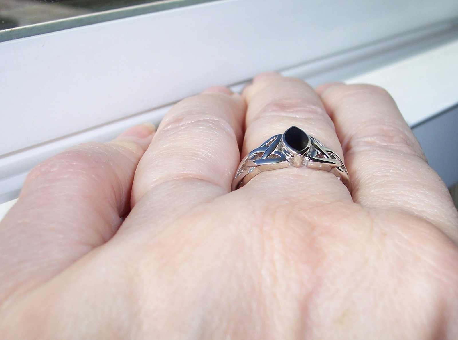 Celtic Synthetic Black Onyx Triquetra Ring Marquise Shape 925 Sterling Silver