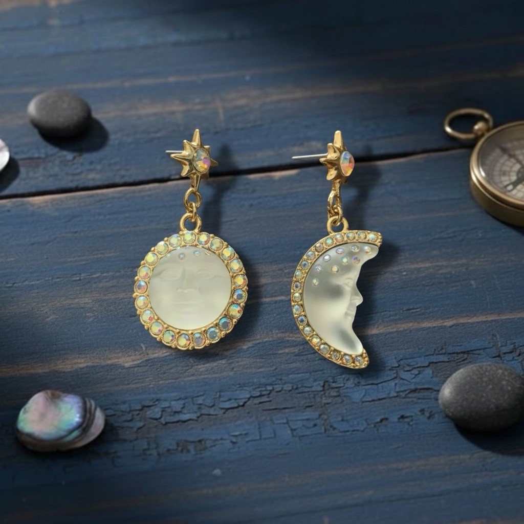 Sun Moon Star Earrings Face Mismatch Gold Deco Celestial Glass CZ Asymmetric
