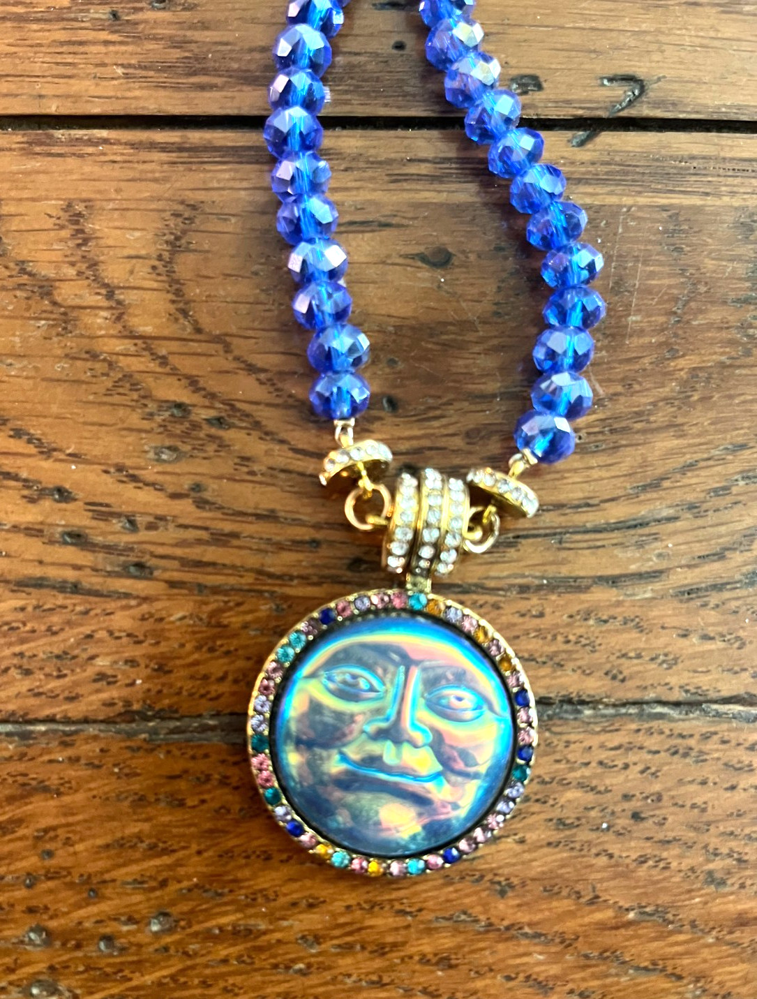 Celestial Man in the Moon Face Sun AB Crystal Glass Blue Beaded Necklace