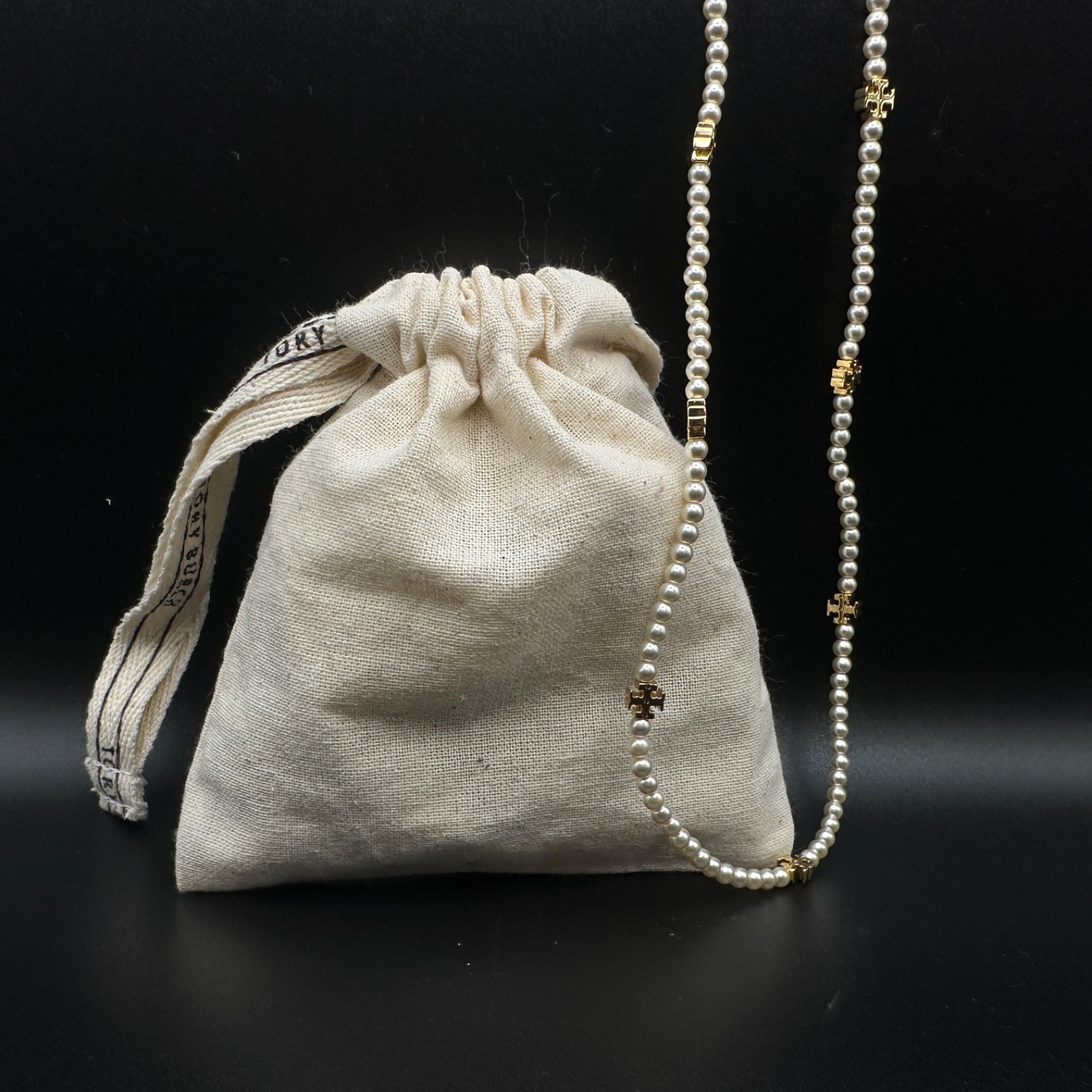 Tory Burch Moondance Pearl Logo Charm Necklace | New | Full Packaging
