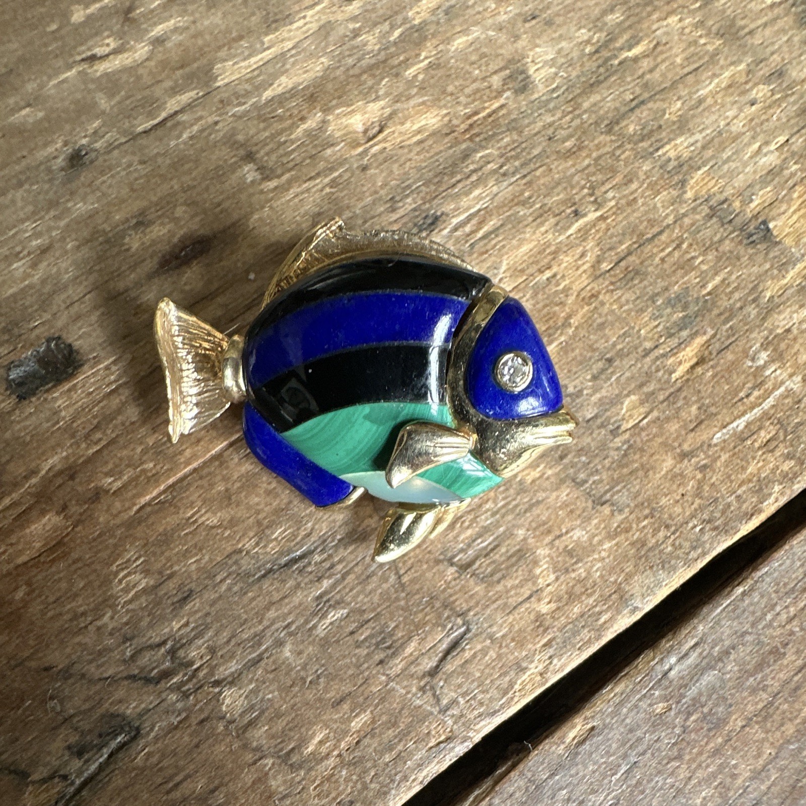 Signed Fish Enamelled Brooch Pin Gold Tone Blue Green Black MPN AA16