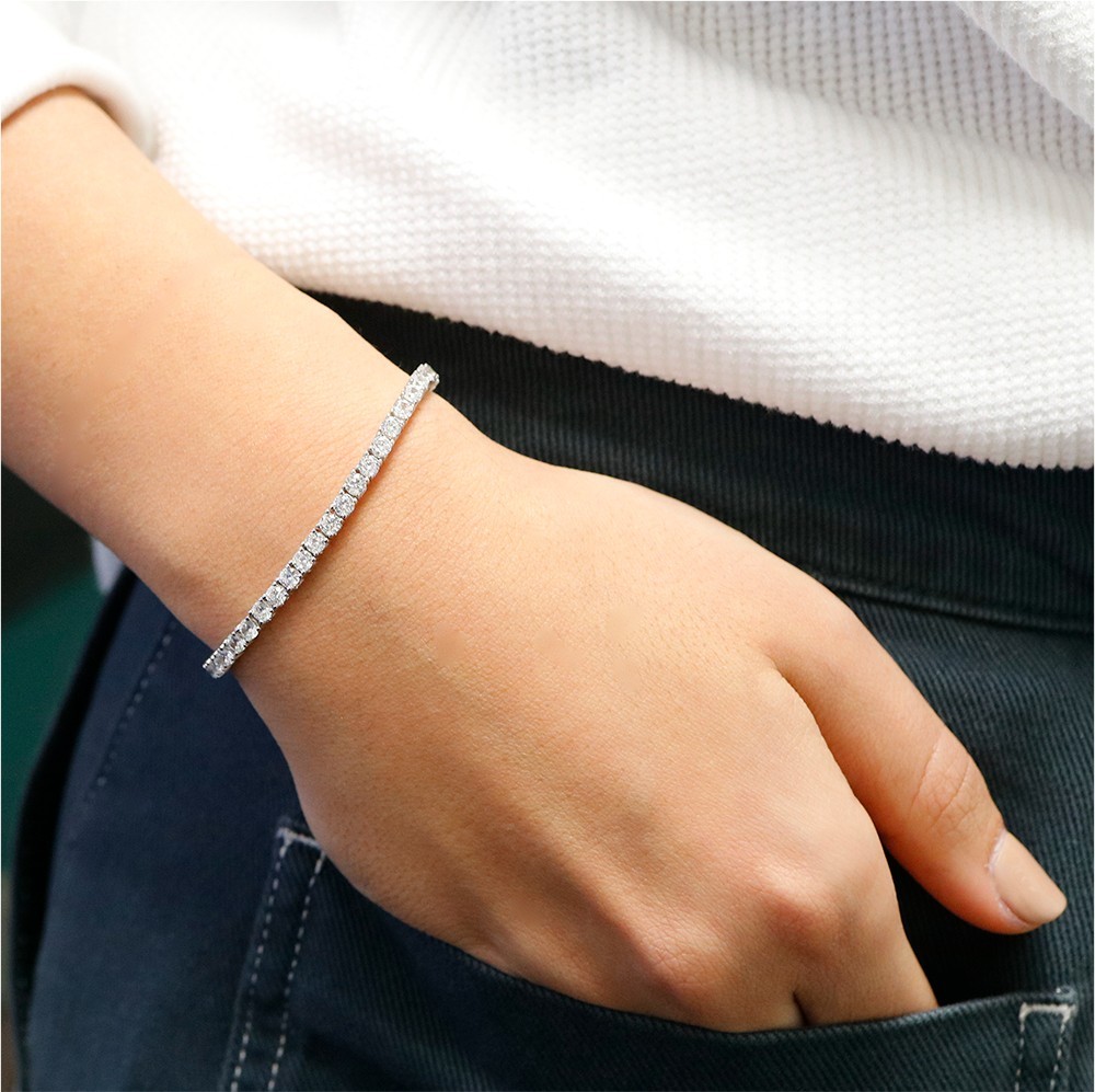 Women’s Solid 925 Sterling Silver 4mm Round Cut Clear CZ Tennis Chain Bracelet
