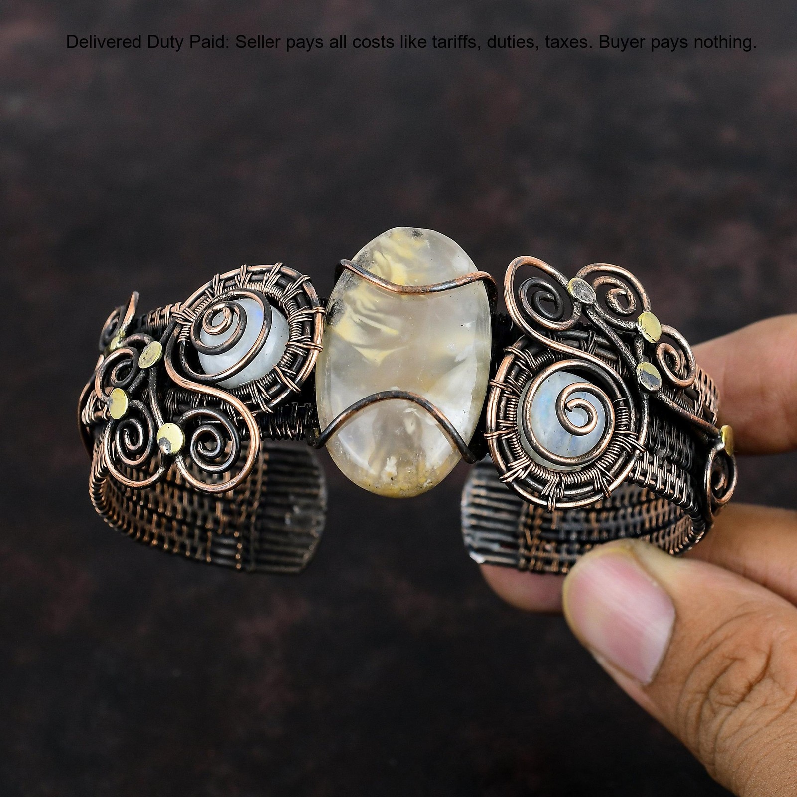 Copper Oval Natural Plume Agate Rainbow Moonstone Wire Wrapped Wife New Bangle