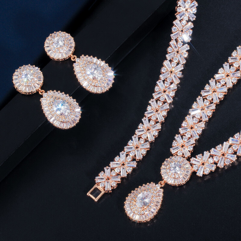 Gold Plated Water Drop Pageant Necklace Earring Bracelet CZ Zirconia Jewelry Set