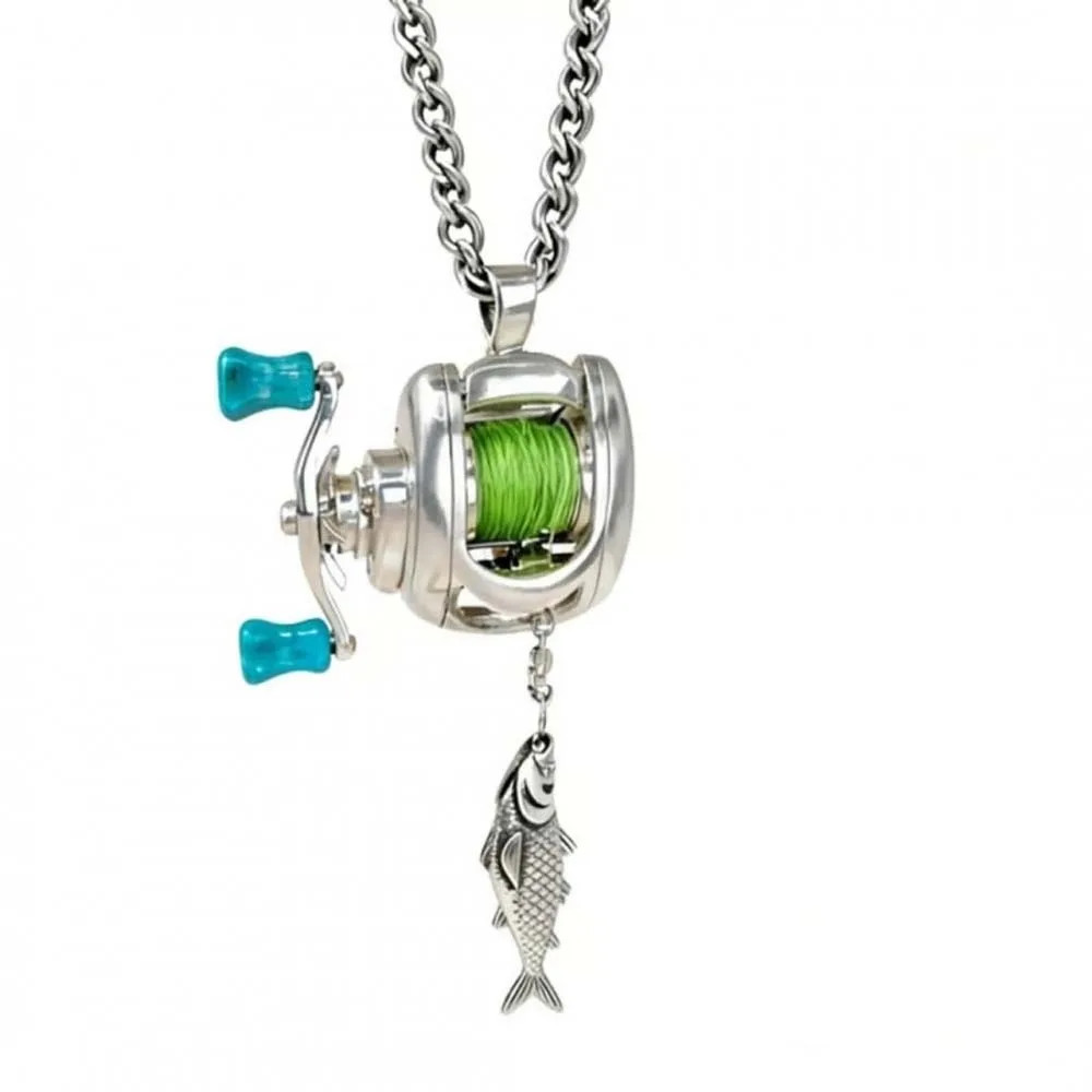 Silver Fishing Reel Necklace Mens Rotatable Detachable Pendant Unique Jewelry