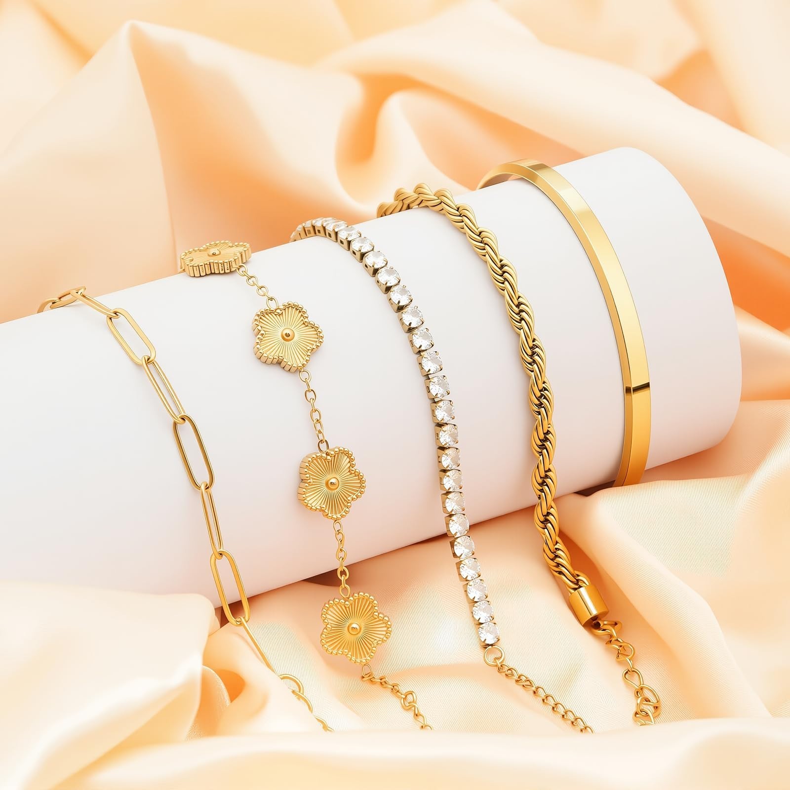 18K Gold Plated Women’s Bracelet Set – Waterproof, Non-Tarnish, Chunky & Floral