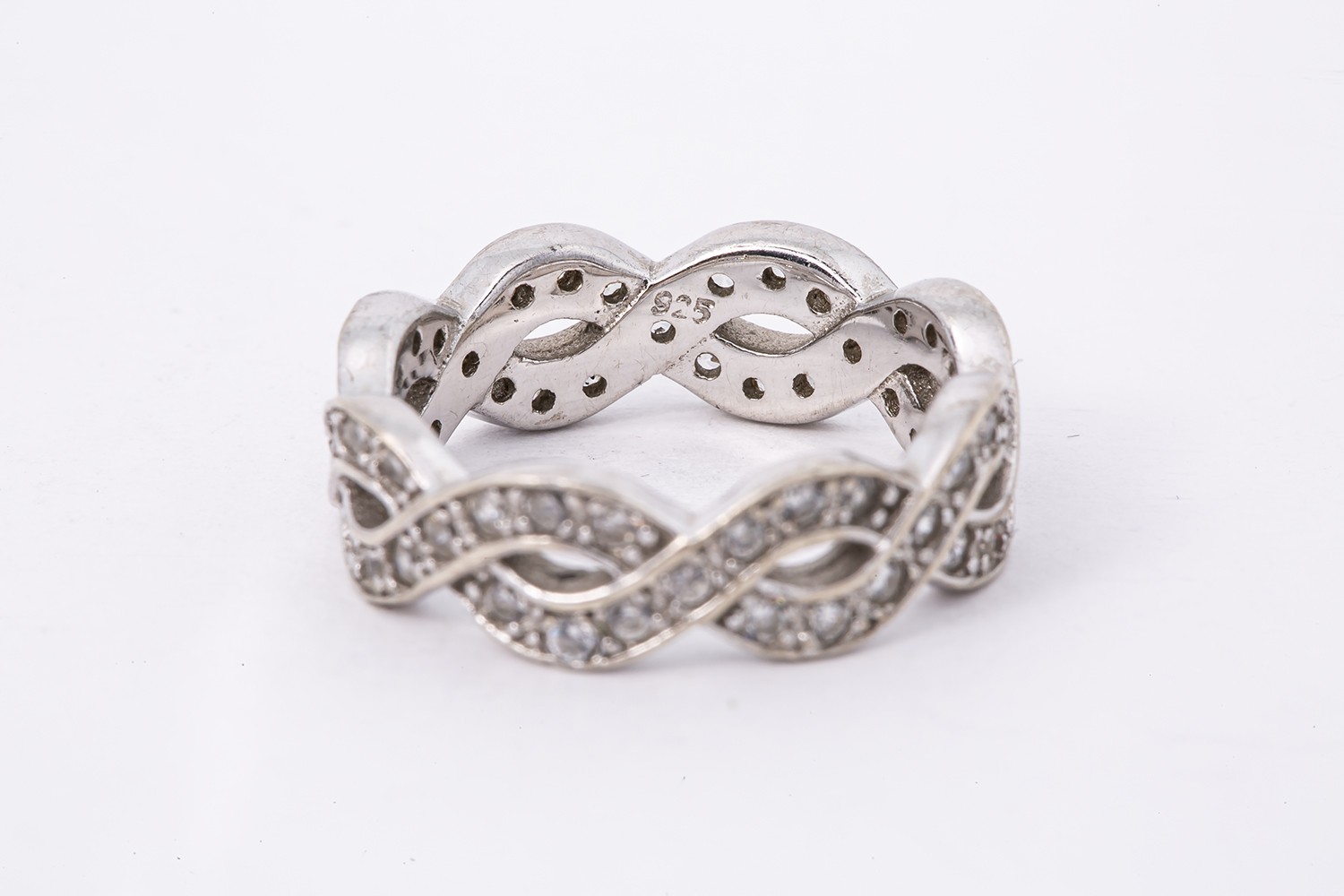 Cubic Zirconia Pave Infinity Twisted Eternity Band 925 Sterling Silver Ring
