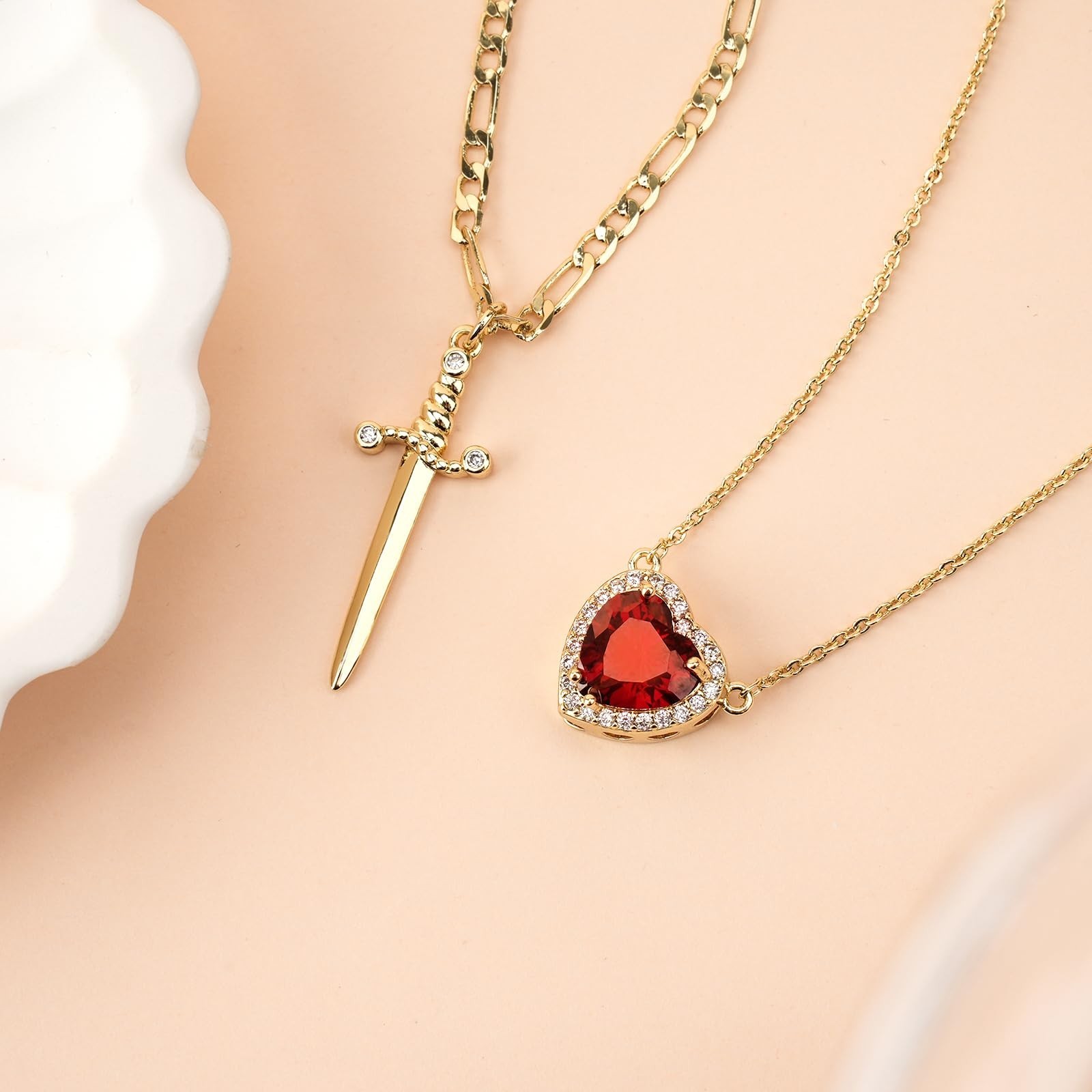 Couples Matching Necklace Set – 14K Gold/Silver Plated Sword & Heart Pendants, D