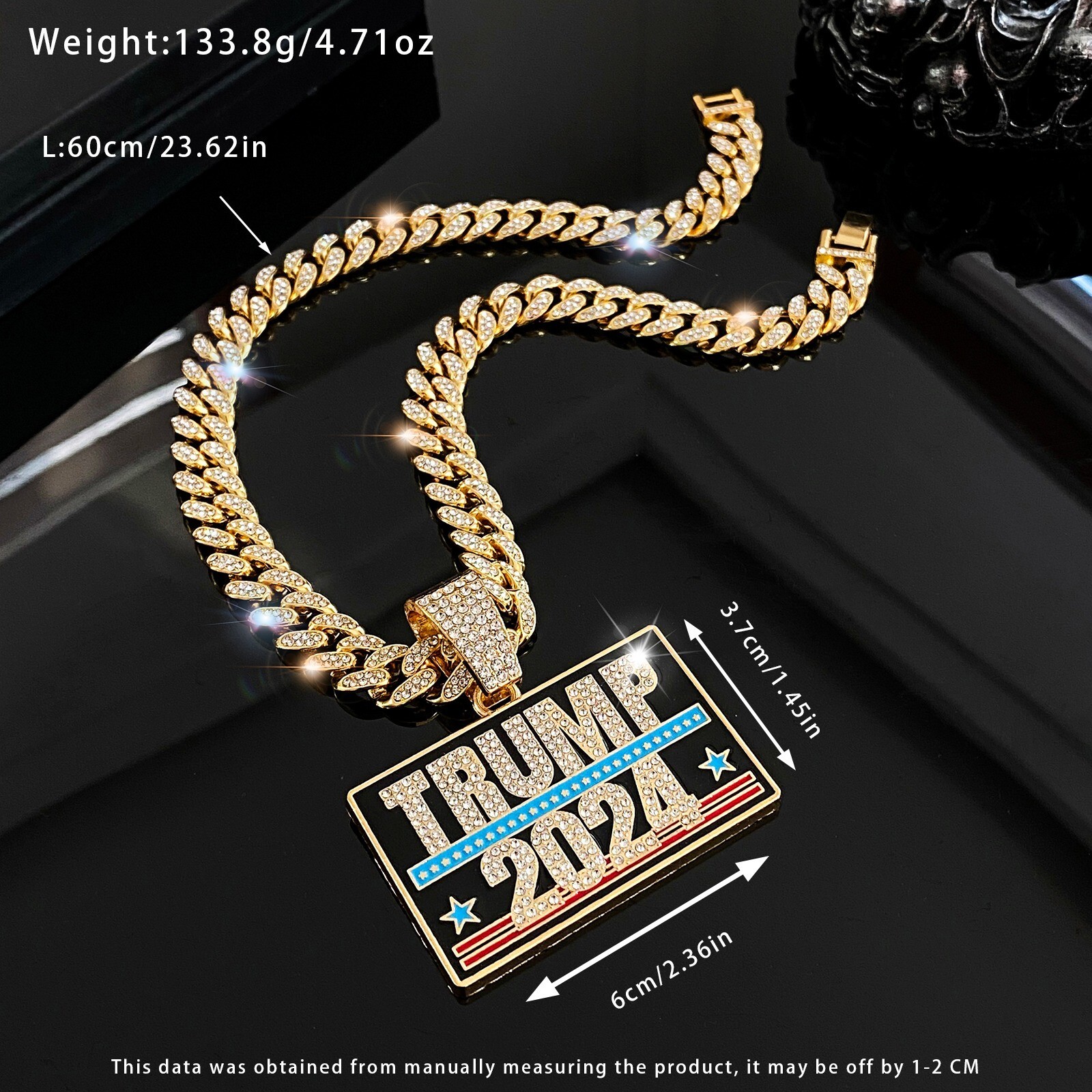 Trump 2024 GEM NECKLACE Gold/Silver Bling Hip Hop Pendant & 24” Chain MAGA