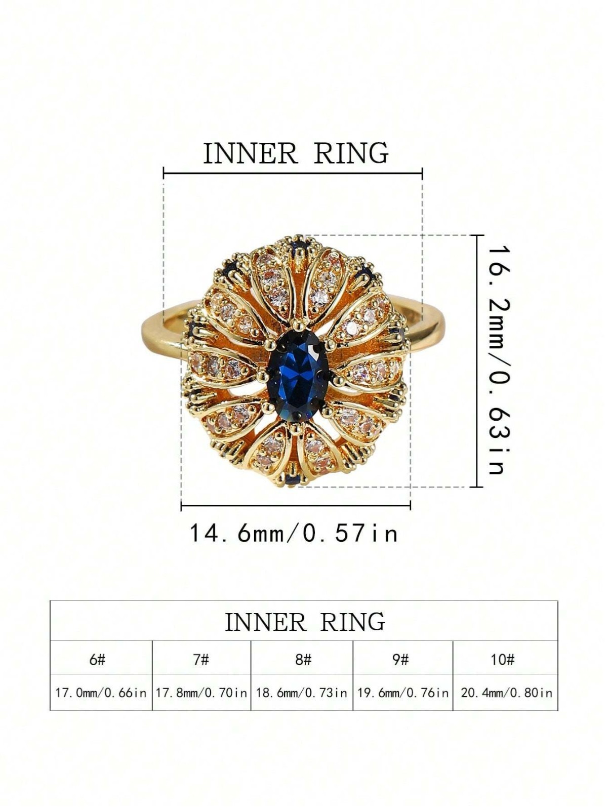 Gold Plated Vintage Floral Blue Sapphire CZ Halo Statement Ring Womens