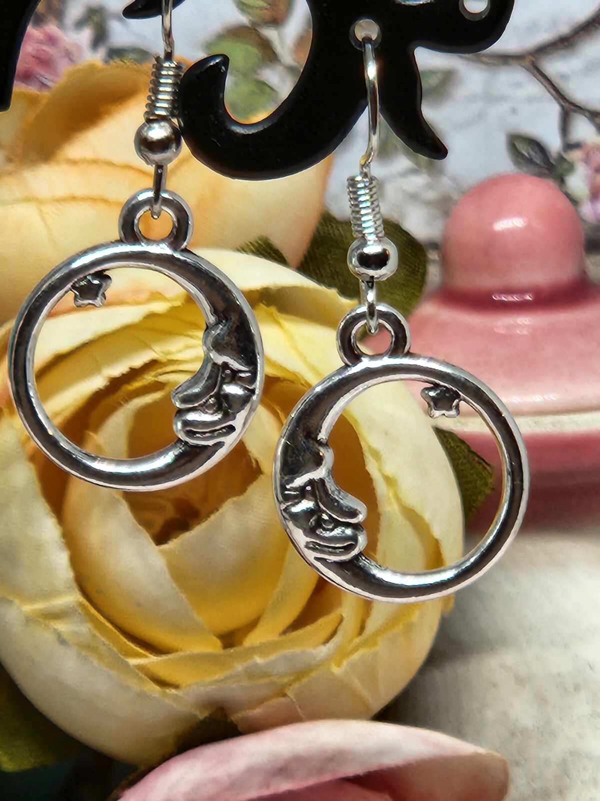 Moon Star Earrings Moon Face Crescent Silver Hook Dangle Earrings FREE SHIPPING