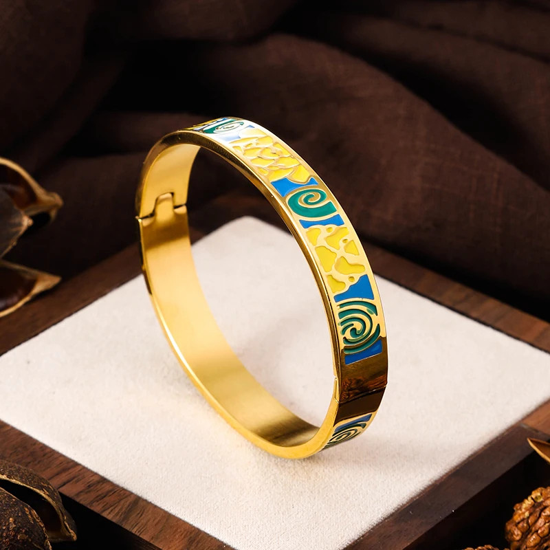 Stainless Steel Enamel Cuff Bangle Women Gold Tone Geometric Round Jewelry