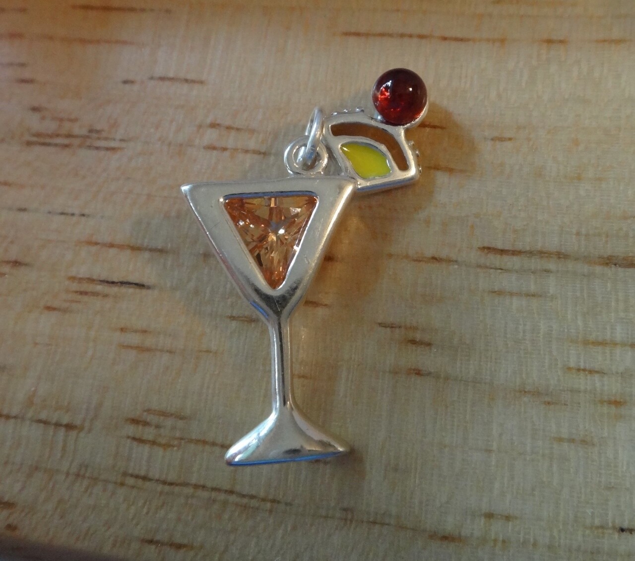 18x30mm Tropical Drink Cocktail Orange and Red CZ Yellow Enamel Sterling Silver