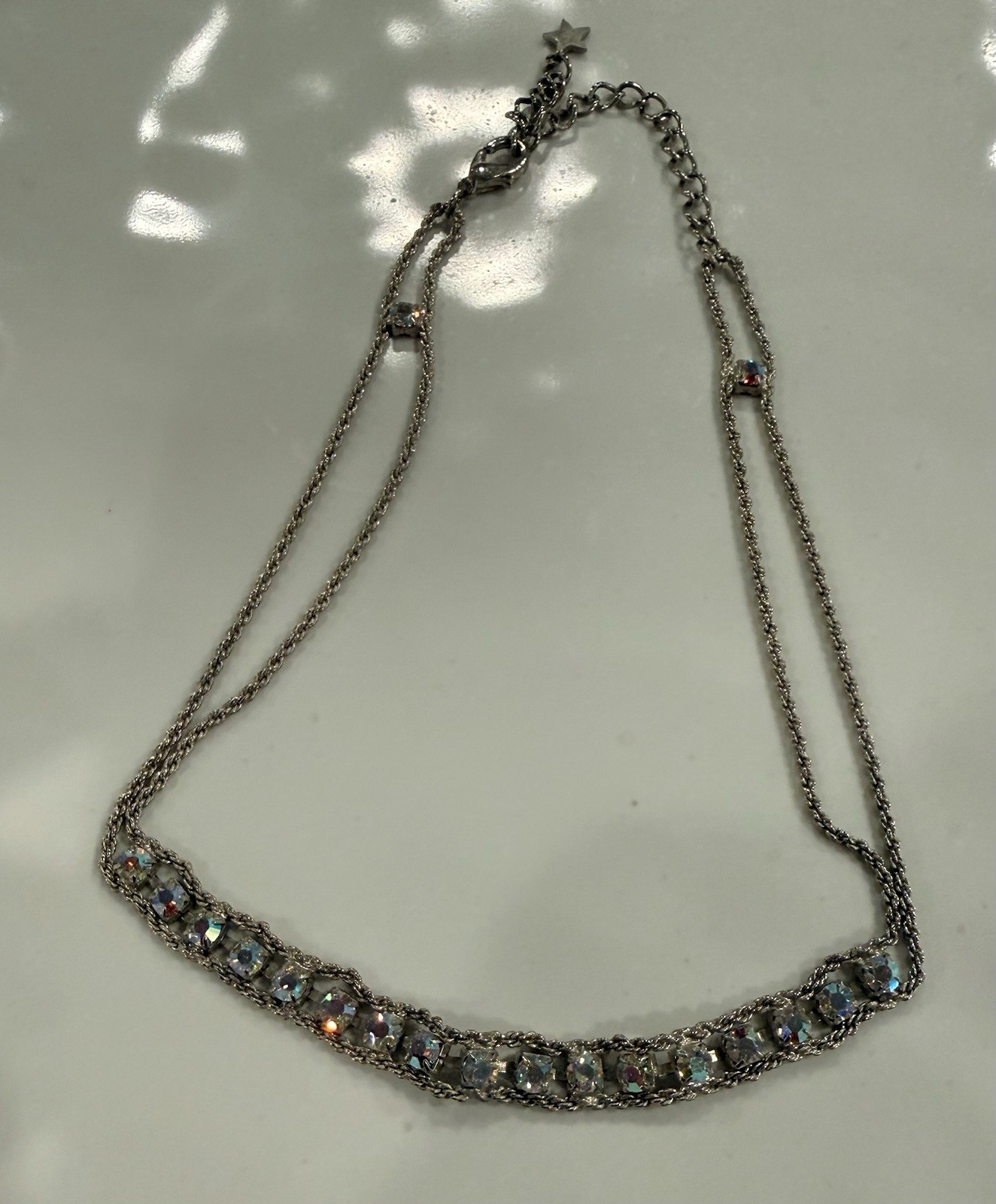 Silver Tone Crystal Chain Necklace with Clear Round Stones Lobster Clasp