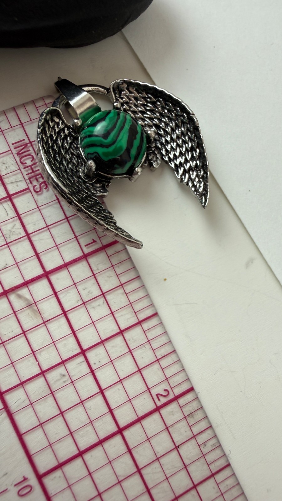 Angel Wing Malachite Style Pendant | Silver Tone Gothic Fantasy Jewelry