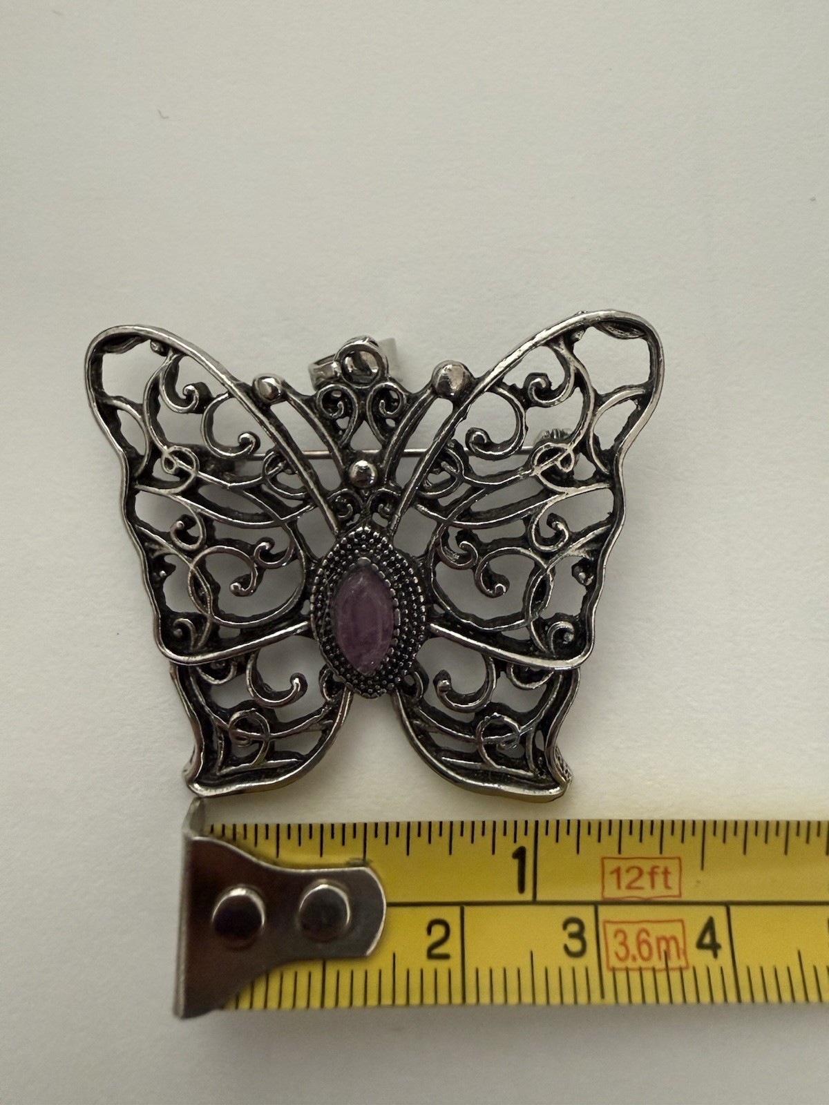Vintage Silver Tone Filigree Butterfly Brooch Pin Pendant Combo Purple Stone