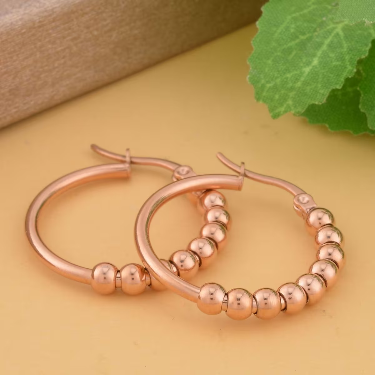 25mm Beaded Hoop Earrings in ION Plated RG Stainless Steel , Tarnish-Free, Water