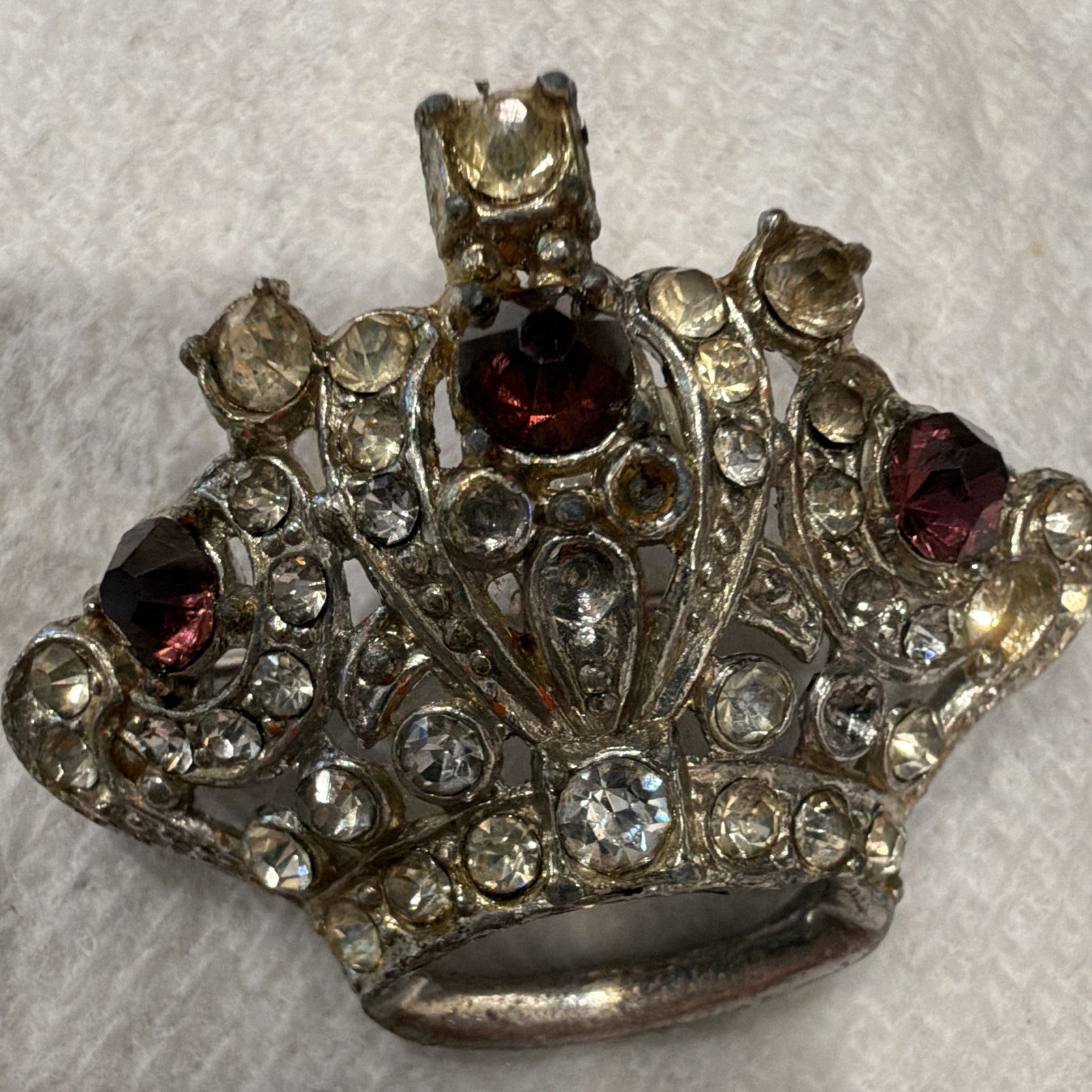 Silver Tone Crown Brooch Pin w/ Clear & Purple Crystal Rhinestones