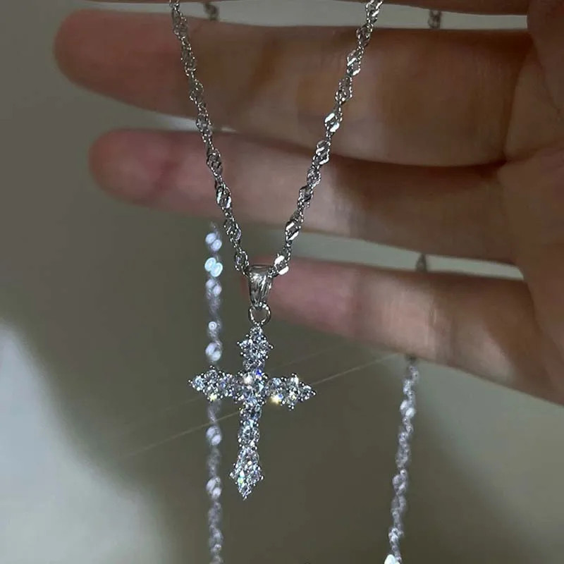 Shiny Crystal Zircon Cross Pendant Necklace for Women Girls Punk Silver Color Th