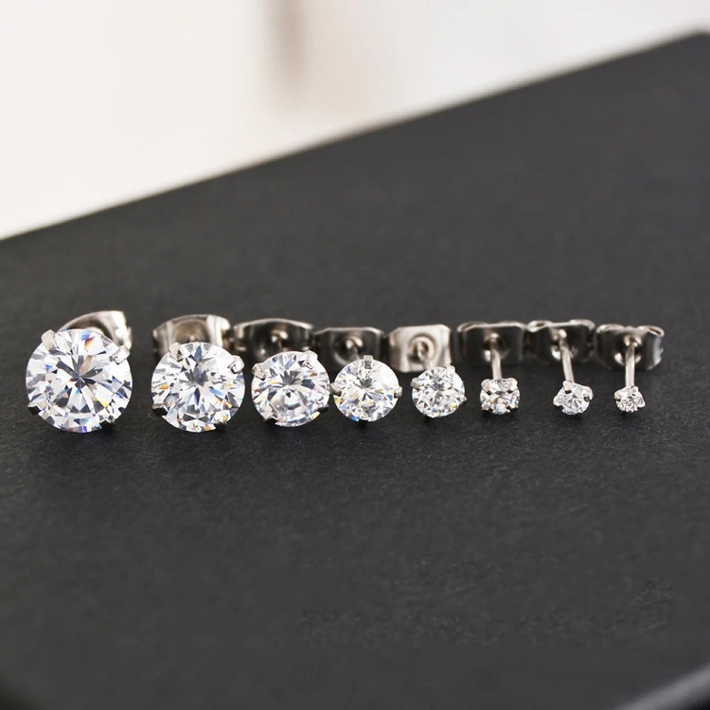1 Pair Classic Stainless Stee Stud Earrings For Women CZ Zircon Ear Piercing Sur