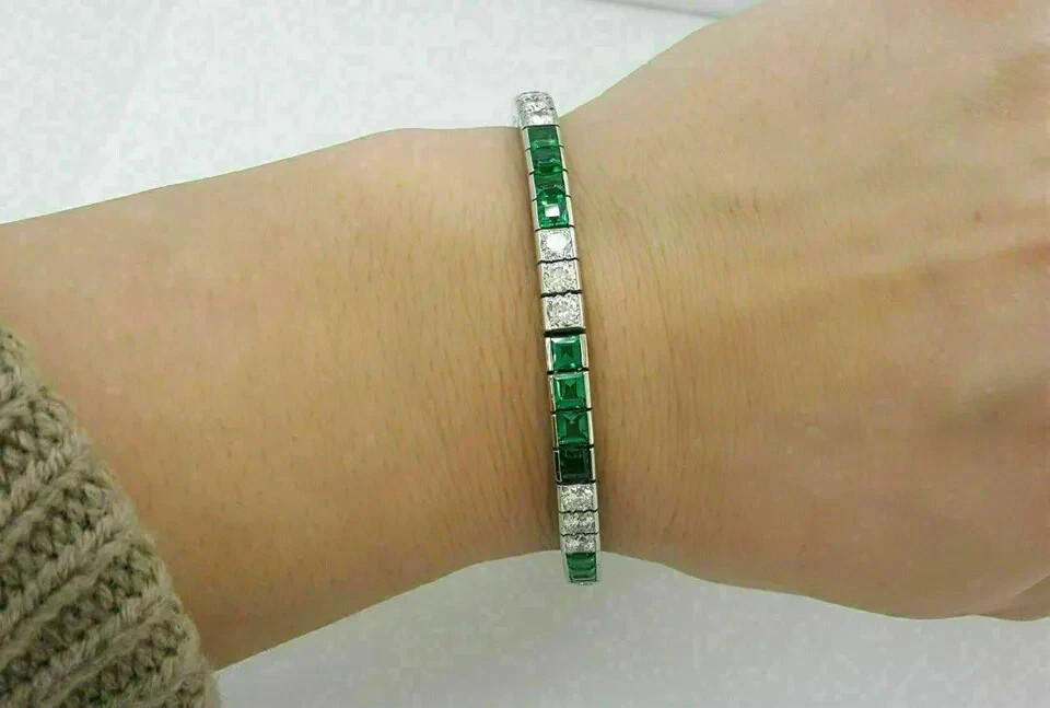 7Ct Round Cut Simulated Diamond & Emerald Tennis Bracelet 14K White Gold Plated