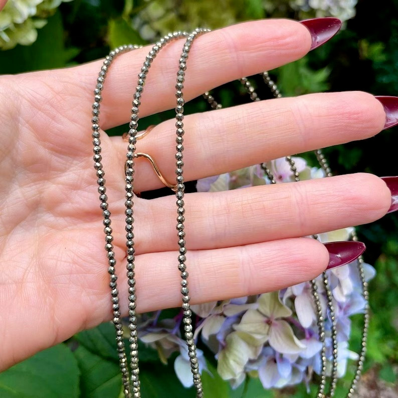 Genuine Pyrite 2mm Beaded Choker Healing Protection Crystal Necklace for Women