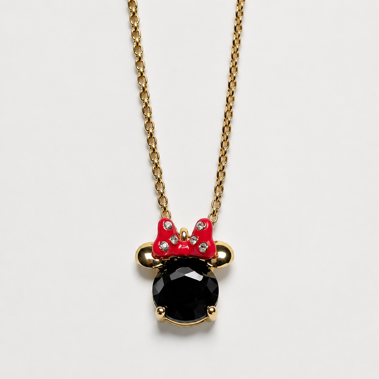 Disney Kate Spade Minnie Mouse Black Crystal Enamel Pendant Charm Gold Necklace