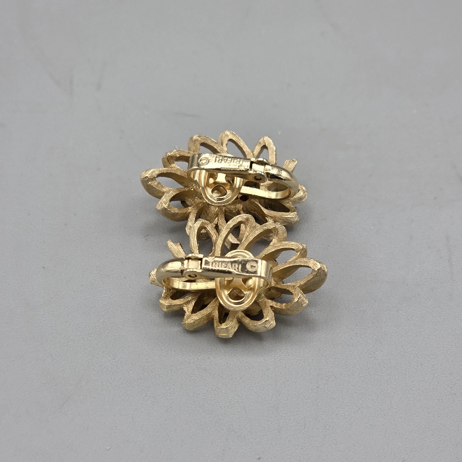 Vintage Trifari Gold Tone Floral Clip On Earrings with Brown Rhinestones