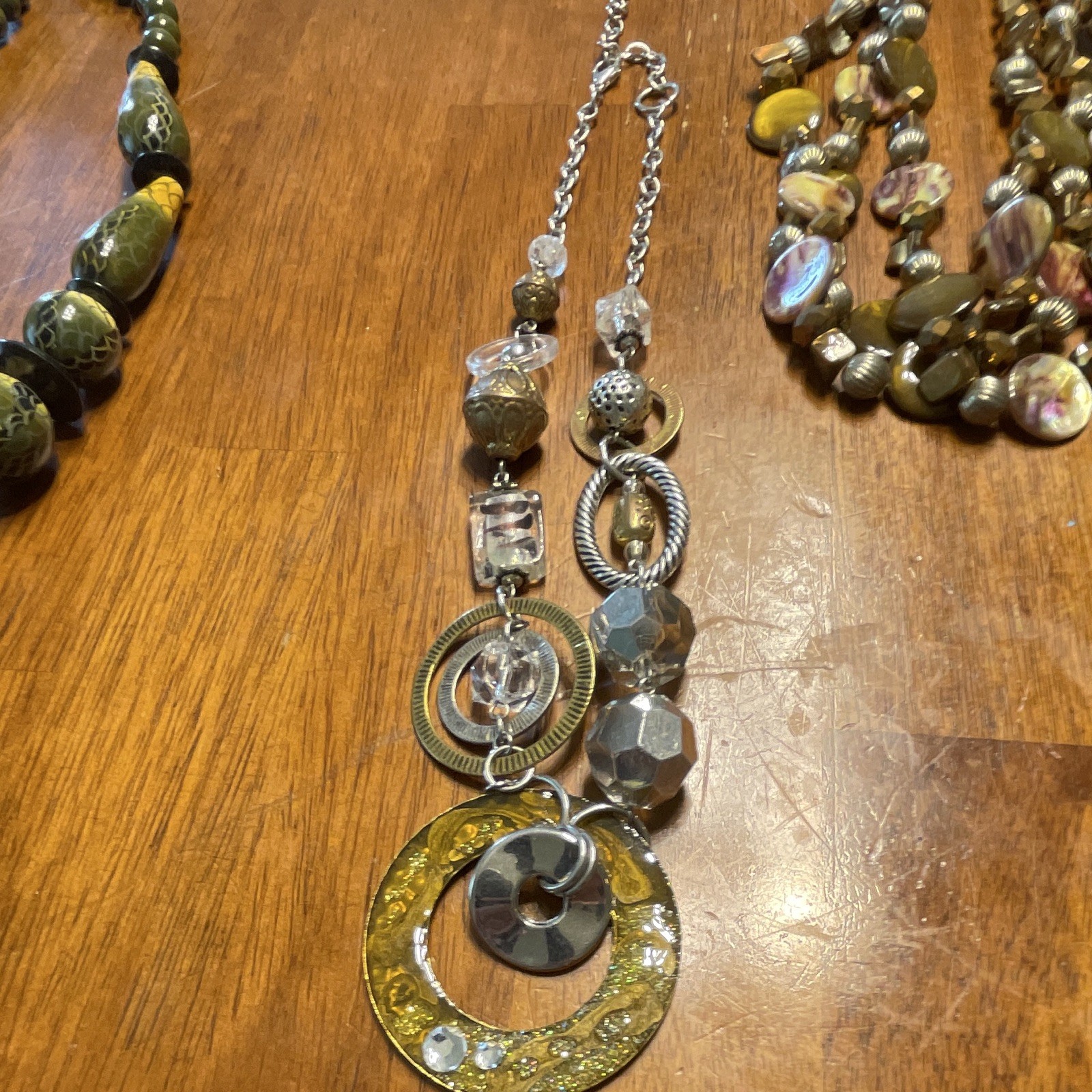 Lot of 3 Olive/Army Green and Yellow Beaded Statement Necklaces w/ Round Charms