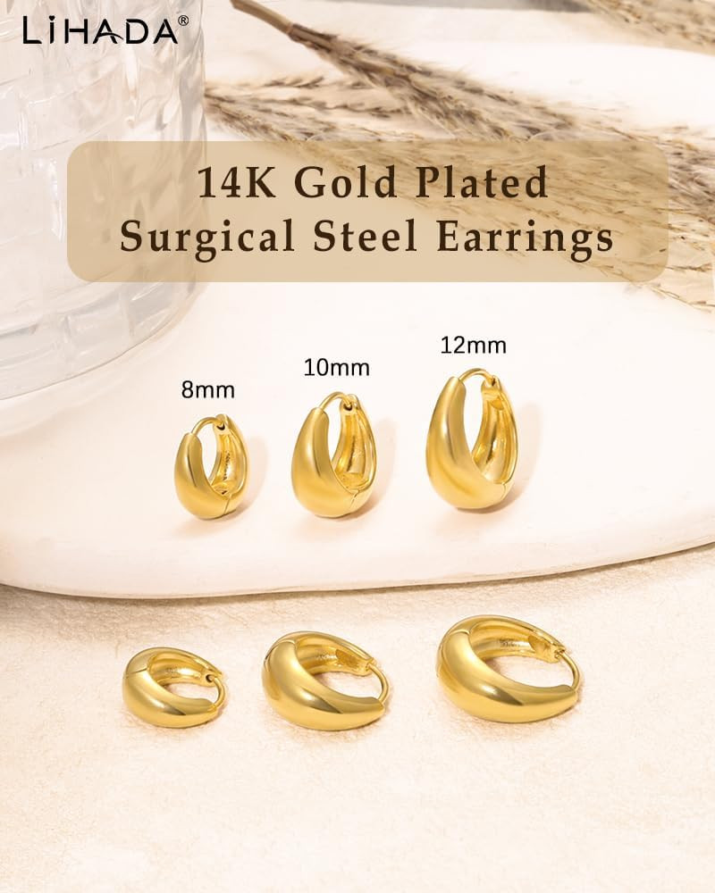 Surgical Steel Small Huggie Hoop Earrings for Women Set,14K Gold Plated Hypoalle