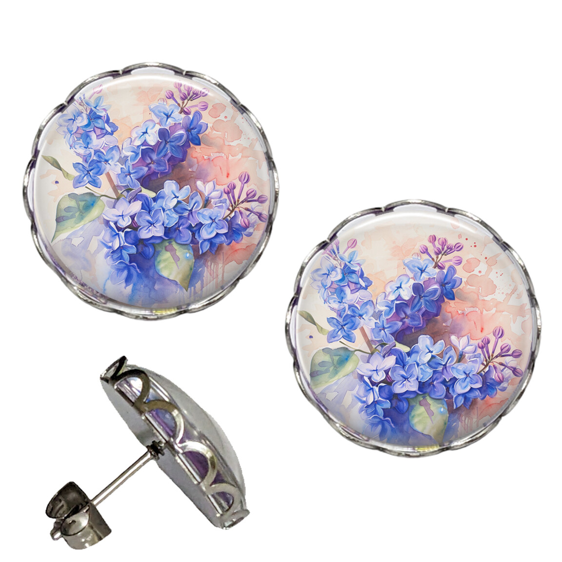 Vintage Art Lilacs Floral Earrings NO TARNISHING Scalloped Studs Waterproof