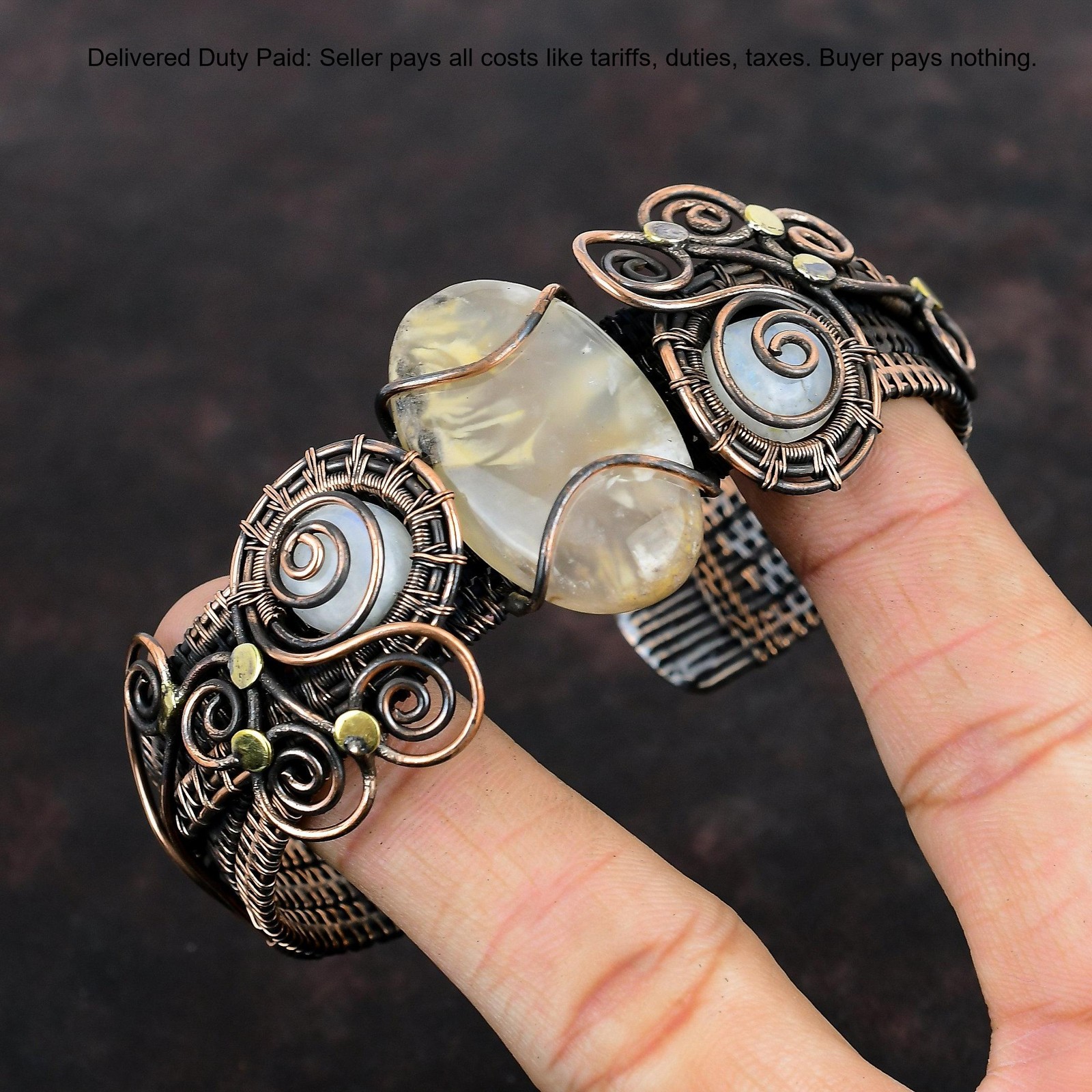Copper Oval Natural Plume Agate Rainbow Moonstone Wire Wrapped Wife New Bangle