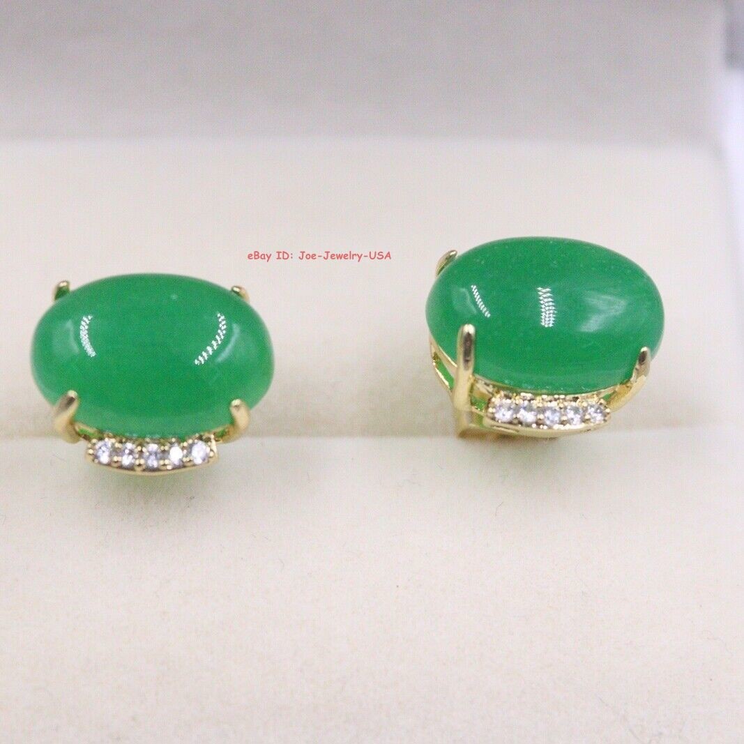 Gold-Pated Alloy with Heated Oval Dark-Green Jade Stud Earrings 10mm W